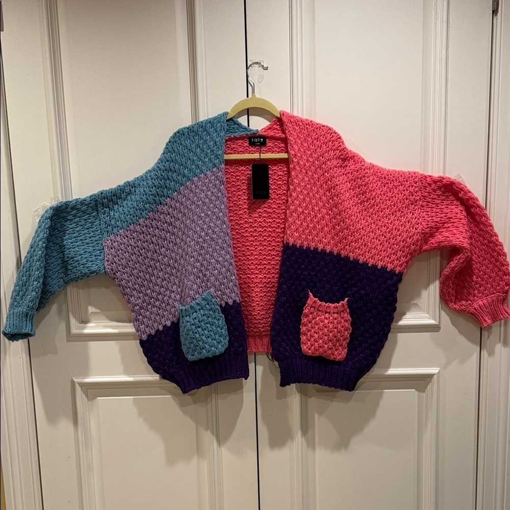 Chunky Color Block Knit Cardigan in Pink, Purple, Lilac w/ Pockets-Size L-NWT